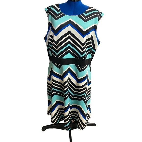 STUDIO ONE Women’s Geometric Design Dress Size 22W Blue Black & Ivory - Picture 1 of 12